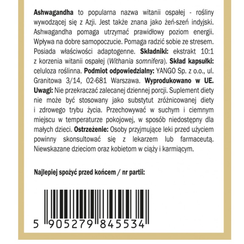 Yango ASHWAGANDHA żeń-szeń indyjski WSPRACIE STRES NIEPOKÓJ 90 kapsułek